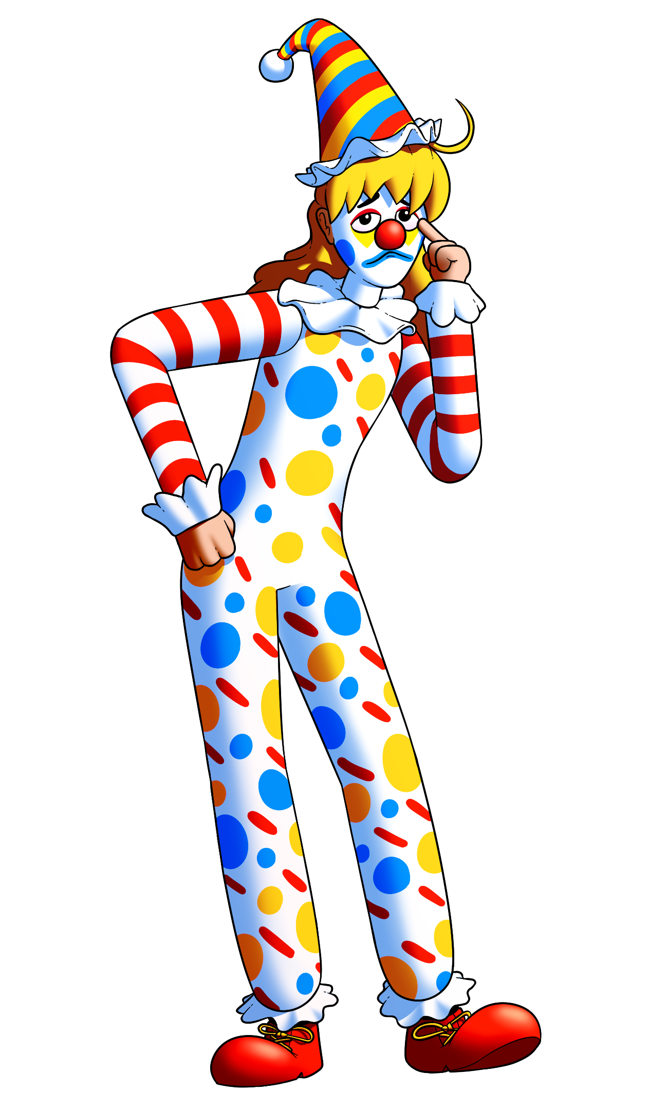 A clown that is predominantly red, white, blue, and white.